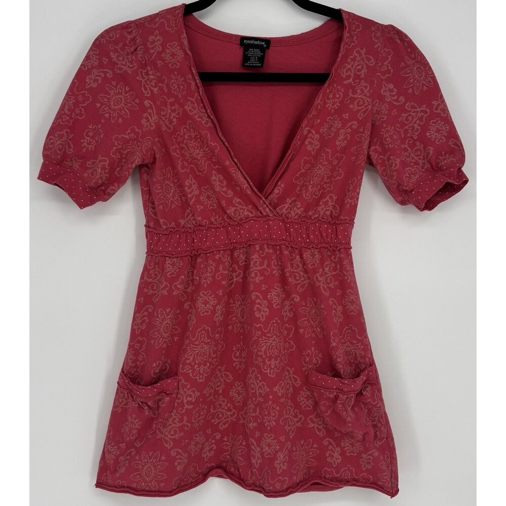 Eyeshadow Y2K Pink Floral Babydoll Top Size S Empire Waist Boho Fairycore Tunic